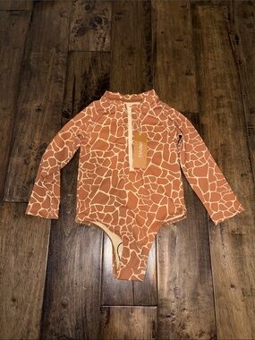 Tan Giraffe-Print Long Sleeve One-Piece Swimsuit
